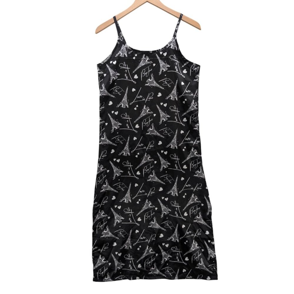Love To Sleep Nightgown Womens Black Paris Eiffel Tower Satin Sleeveless Size L